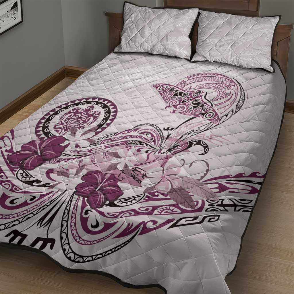 Polynesian Manta Ray Quilt Bed Set Pink Floral Turtle Tattoo - Polynesian Pride