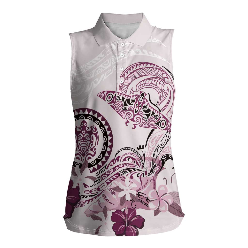 Polynesian Manta Ray Women Sleeveless Polo Shirt Pink Floral Turtle Tattoo - Polynesian Pride
