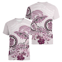 Polynesian Manta Ray Women V-Neck T-Shirt Pink Floral Turtle Tattoo - Polynesian Pride