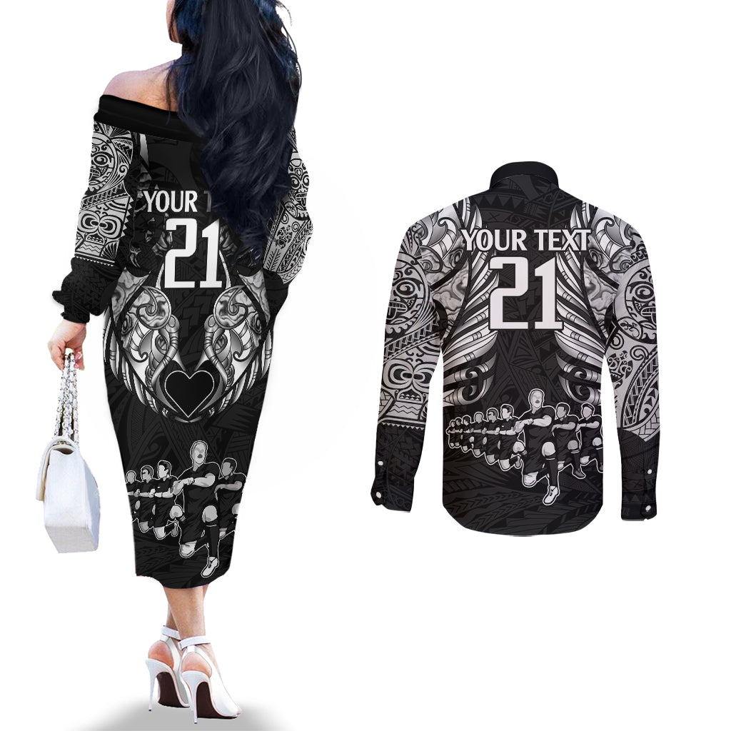 Custom New Zealand Rugby Couples Matching Off The Shoulder Long Sleeve Dress and Long Sleeve Button Shirt Black Haka Dance With NZ Champions History LT9 - Polynesian Pride
