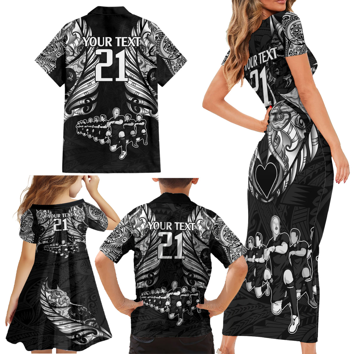 Custom New Zealand Rugby Family Matching Short Sleeve Bodycon Dress and Hawaiian Shirt Black Haka Dance With NZ Champions History LT9 - Polynesian Pride