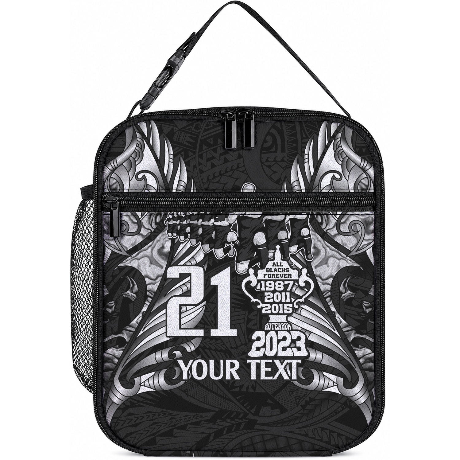 Custom New Zealand Maori Rugby Lunch Bag Black Haka Dance With NZ Champions History LT9 10.2 × 8.3 × 4.3 inch Black - Polynesian Pride