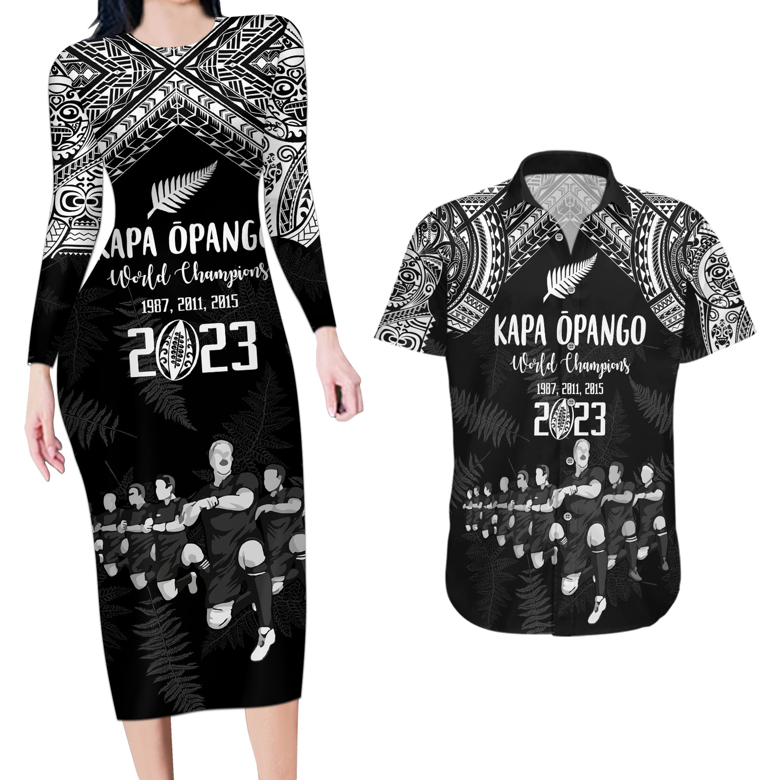 NZ Rugby Couples Matching Long Sleeve Bodycon Dress and Hawaiian Shirt Kapa Opango Maori Haka With Years of The All Black Champions LT9 Black - Polynesian Pride