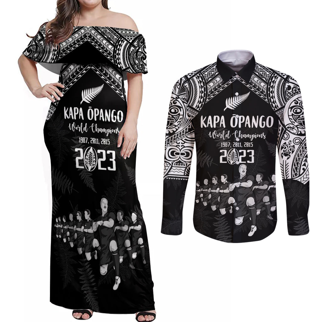 NZ Rugby Couples Matching Off Shoulder Maxi Dress and Long Sleeve Button Shirt Kapa Opango Maori Haka With Years of The All Black Champions LT9 Black - Polynesian Pride