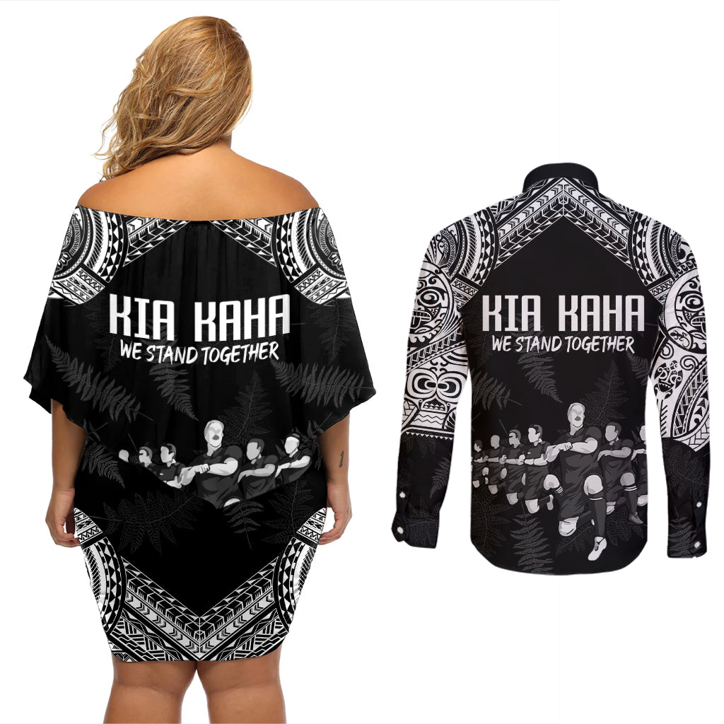 NZ Rugby Couples Matching Off Shoulder Short Dress and Long Sleeve Button Shirt Kapa Opango Maori Haka With Years of The All Black Champions LT9 - Polynesian Pride