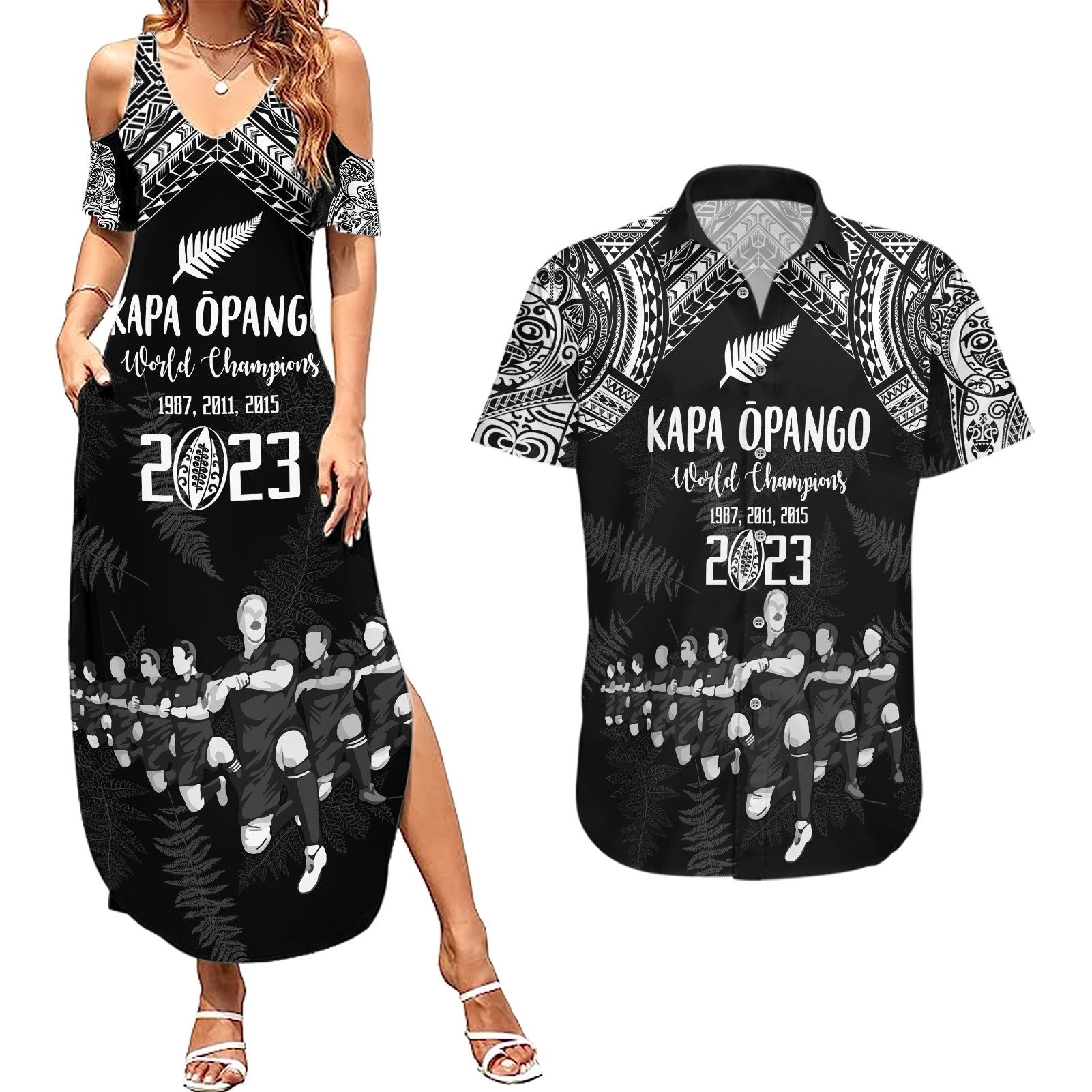 NZ Rugby Couples Matching Summer Maxi Dress and Hawaiian Shirt Kapa Opango Maori Haka With Years of The All Black Champions LT9 Black - Polynesian Pride