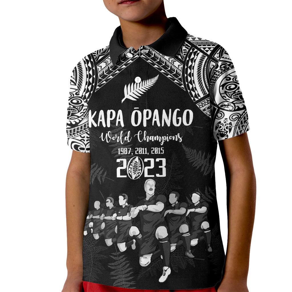 NZ Rugby Kid Polo Shirt Kapa Opango Maori Haka With Years of The All Black Champions LT9 Kid Black - Polynesian Pride
