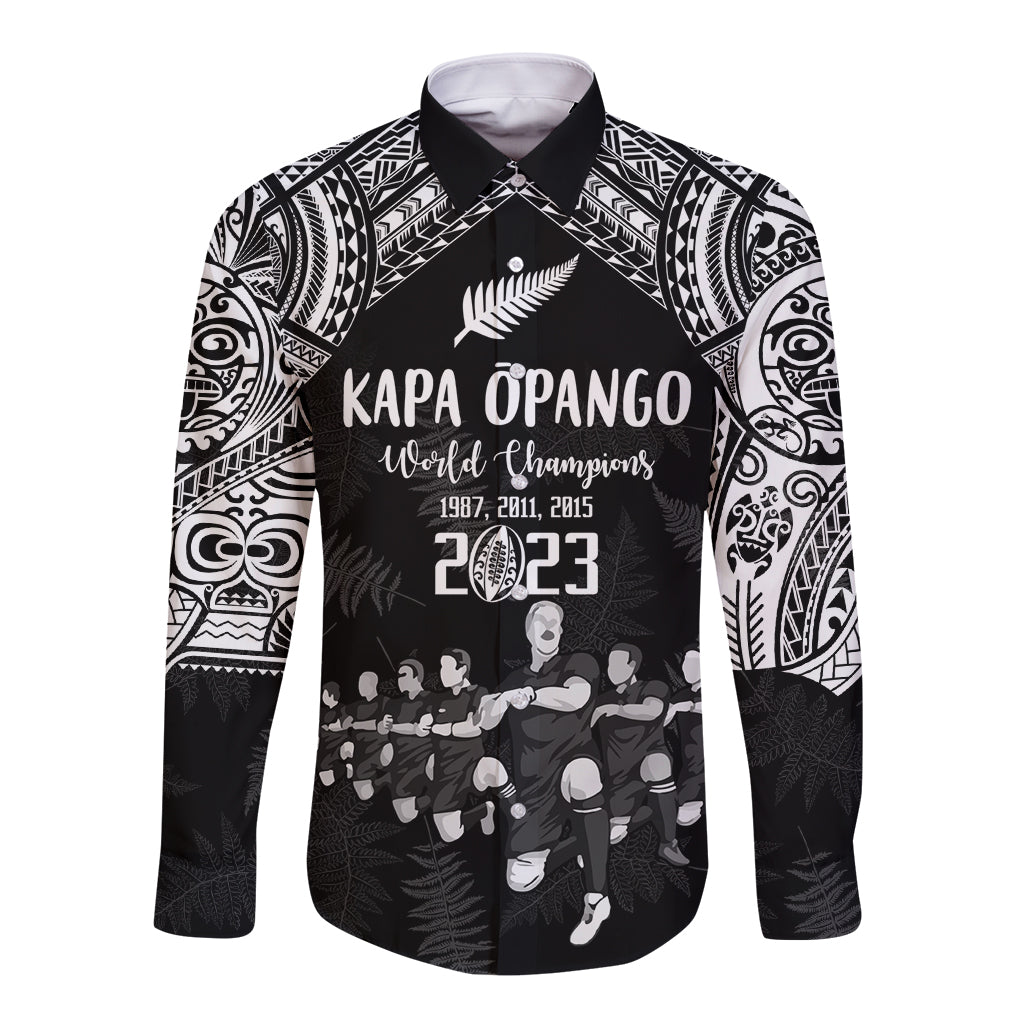 NZ Rugby Long Sleeve Button Shirt Kapa Opango Maori Haka With Years of The All Black Champions LT9 Unisex Black - Polynesian Pride