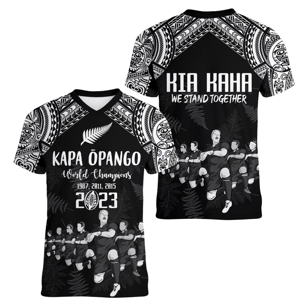 NZ Rugby Women V Neck T Shirt Kapa Opango Maori Haka With Years of The All Black Champions LT9 - Polynesian Pride