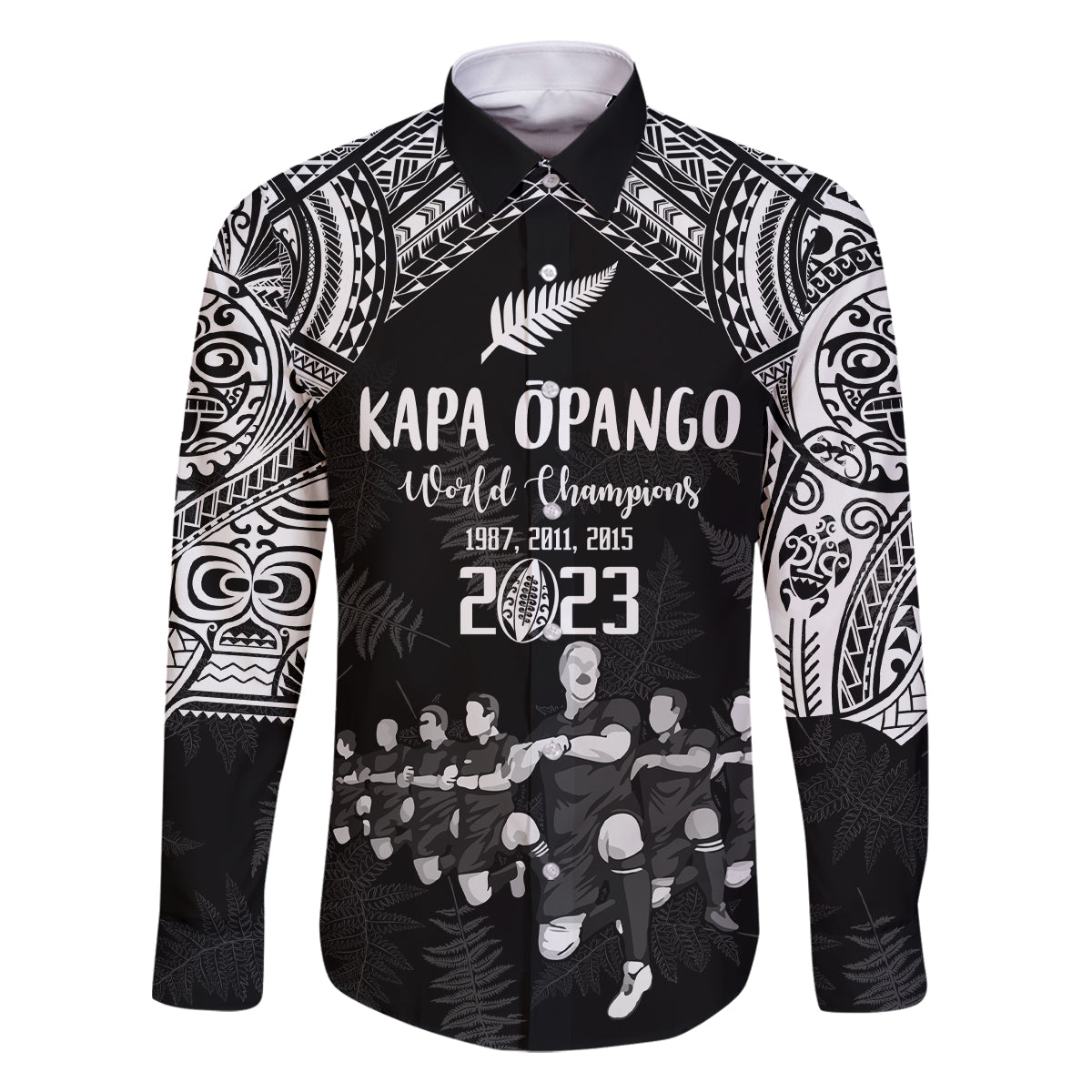Custom NZ Rugby Family Matching Mermaid Dress and Hawaiian Shirt Kapa Opango Maori Haka With Years of The All Black Champions LT9 Dad's Shirt - Long Sleeve Black - Polynesian Pride