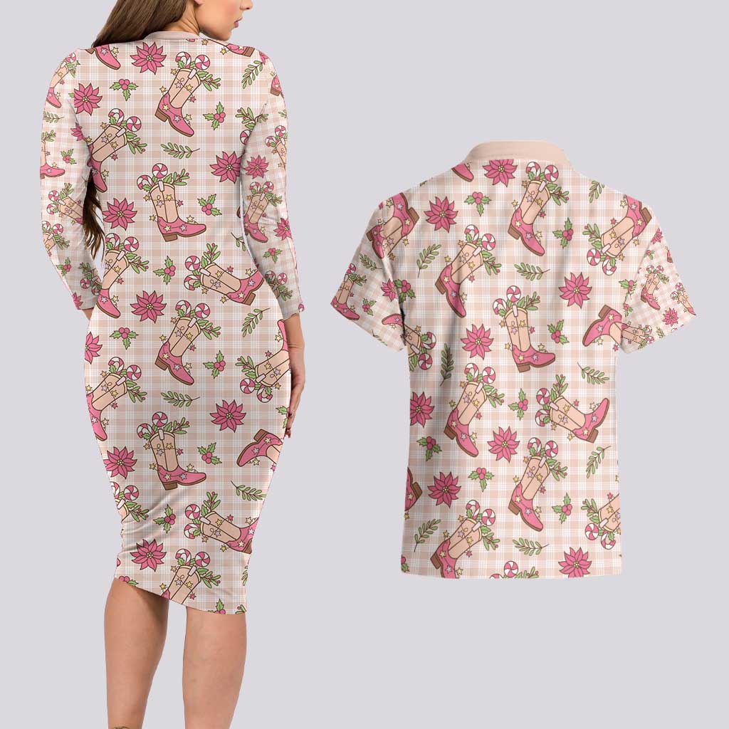 Beige Paniolo Palaka Hawaiian Cowgirl Christmas Couples Matching Long Sleeve Bodycon Dress and Hawaiian Shirt - Polynesian Pride