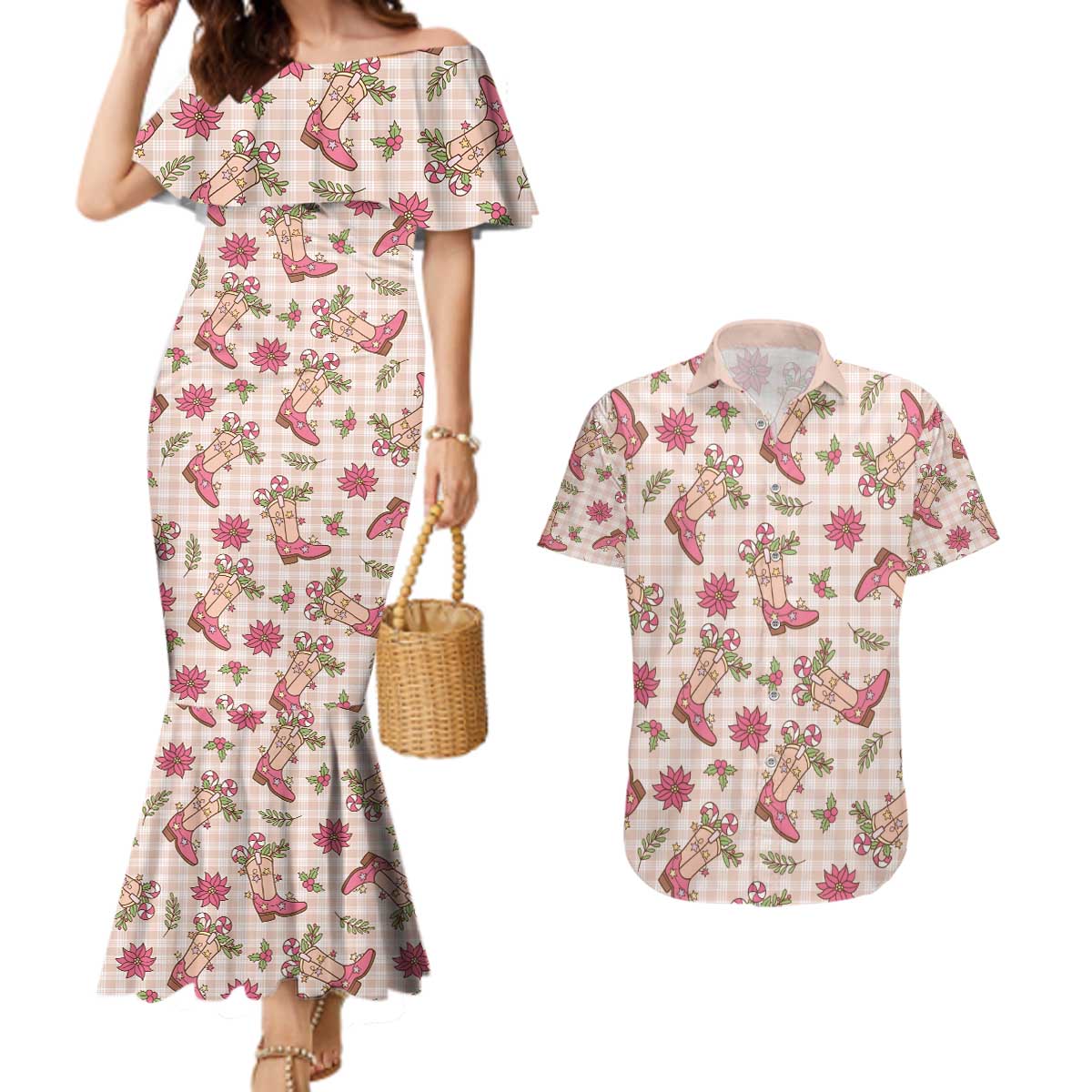 Beige Paniolo Palaka Hawaiian Cowgirl Christmas Couples Matching Mermaid Dress and Hawaiian Shirt - Polynesian Pride