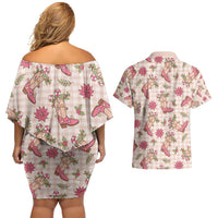 Beige Paniolo Palaka Hawaiian Cowgirl Christmas Couples Matching Off Shoulder Short Dress and Hawaiian Shirt - Polynesian Pride