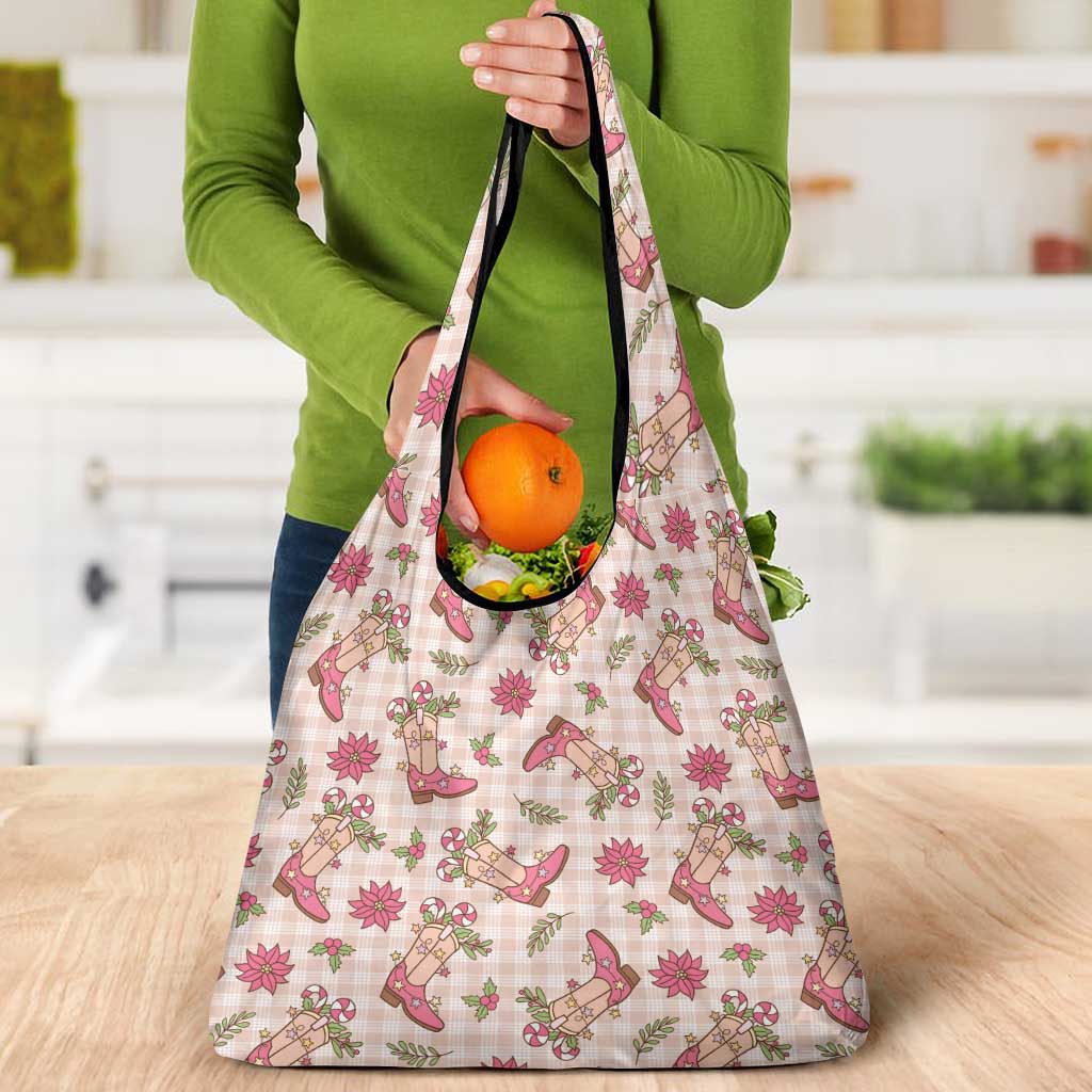 Beige Paniolo Palaka Hawaiian Cowgirl Christmas Grocery Bag - Polynesian Pride