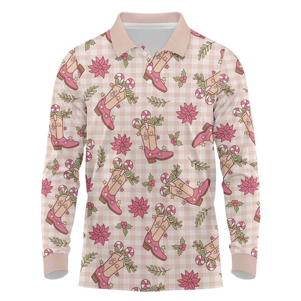 Beige Paniolo Palaka Hawaiian Cowgirl Christmas Long Sleeve Polo Shirt - Polynesian Pride