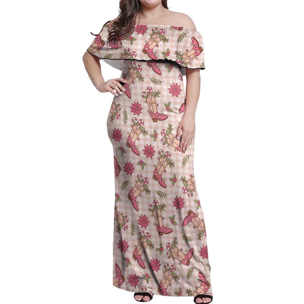 Beige Paniolo Palaka Hawaiian Cowgirl Christmas Off Shoulder Maxi Dress - Polynesian Pride