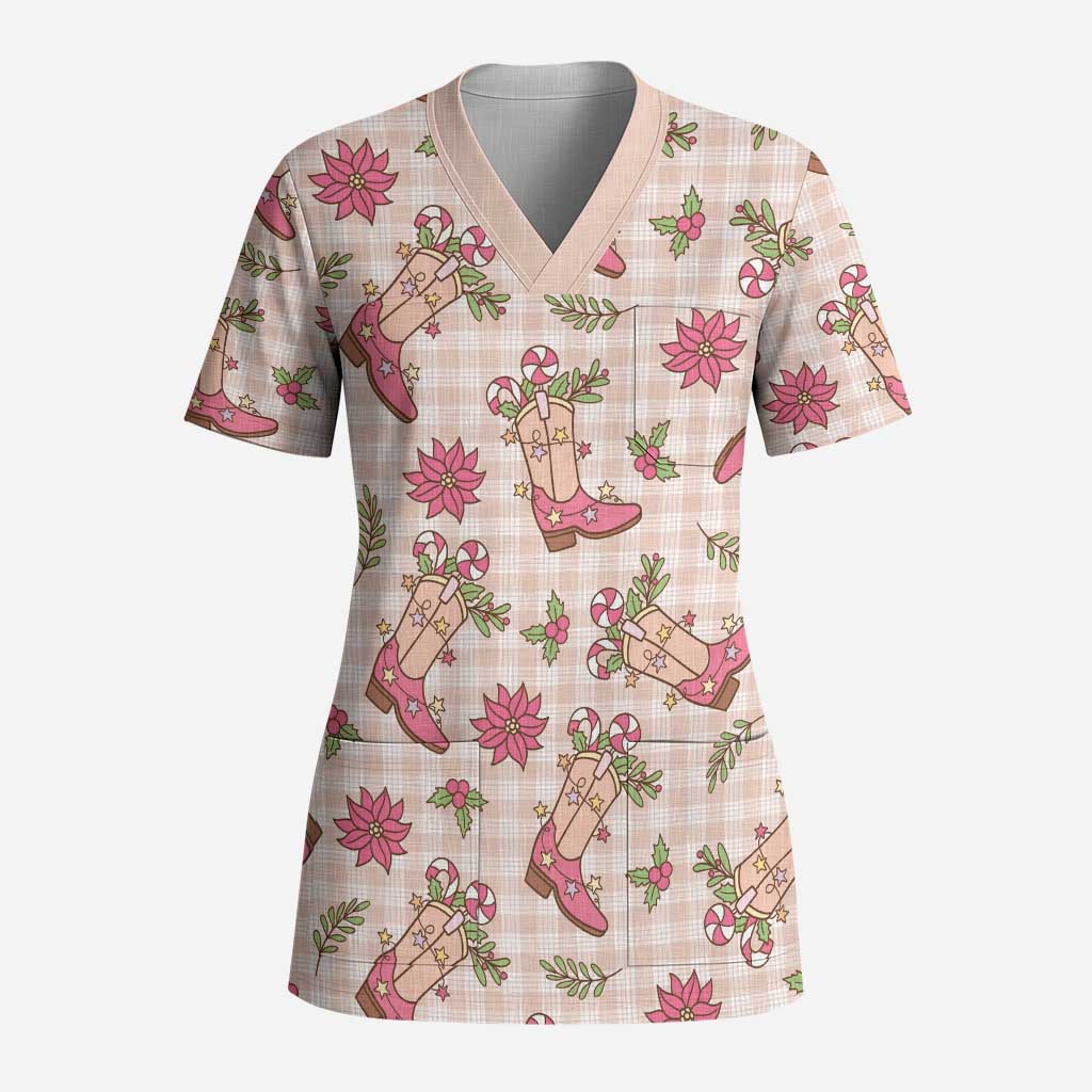 Beige Paniolo Palaka Hawaiian Cowgirl Christmas Scrub Top - Polynesian Pride