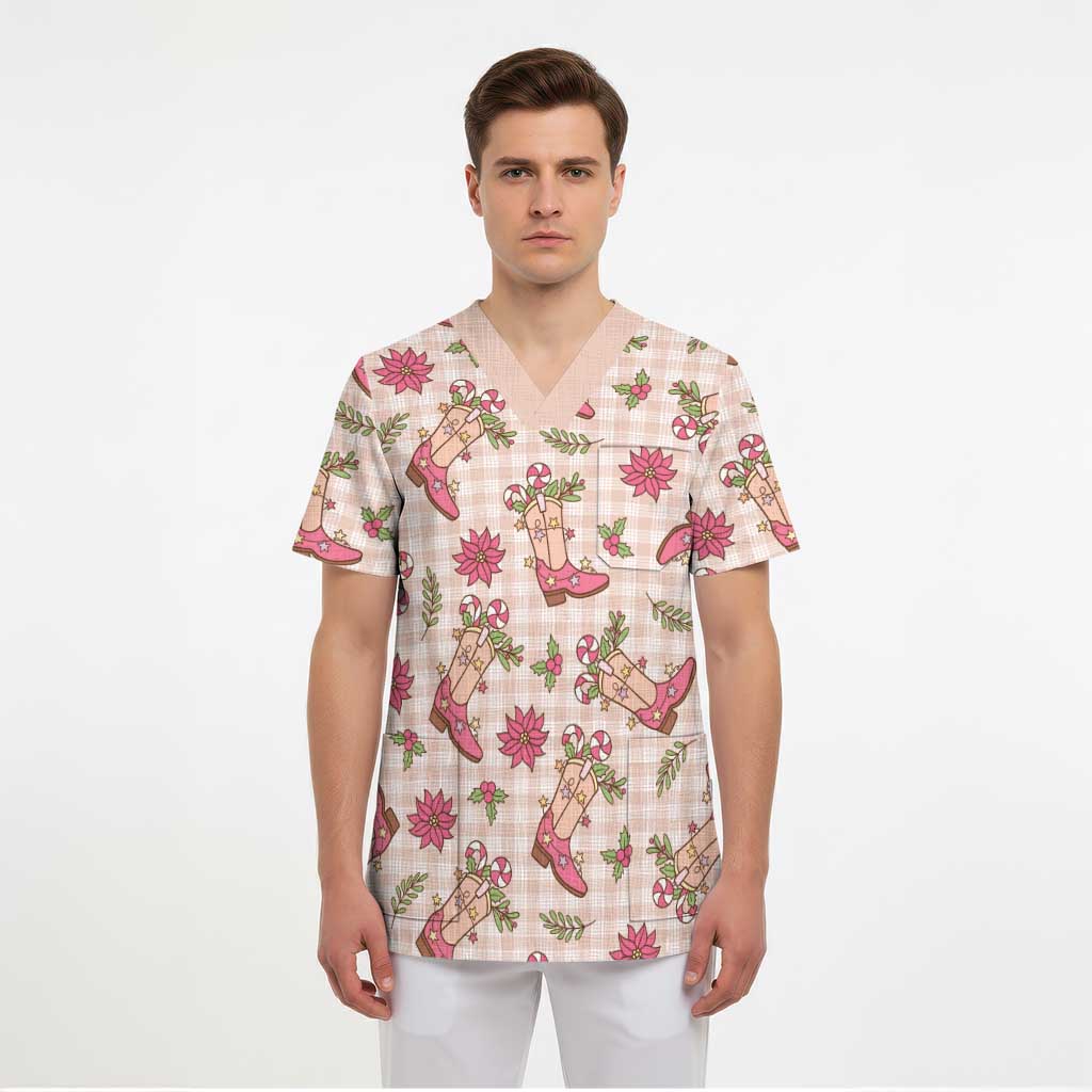 Beige Paniolo Palaka Hawaiian Cowgirl Christmas Scrub Top - Polynesian Pride