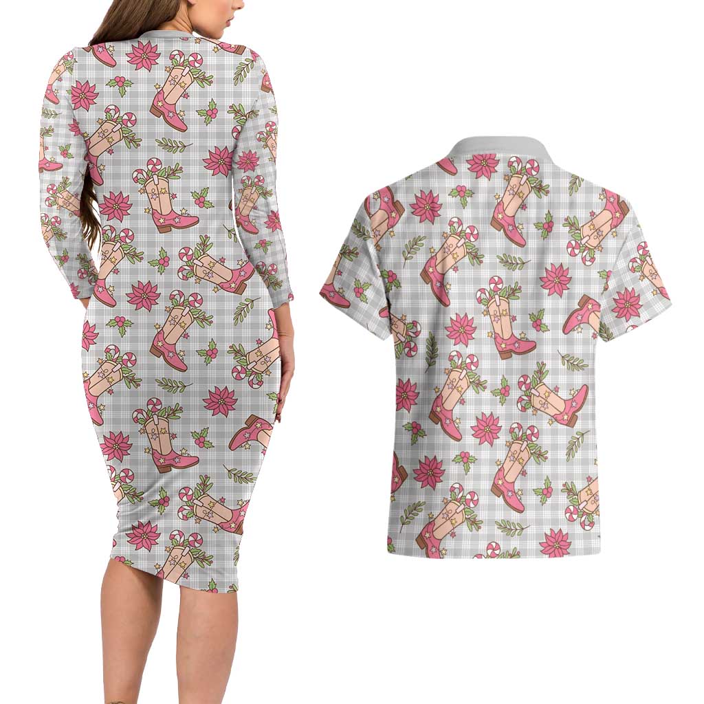 Gray Paniolo Palaka Hawaiian Cowgirl Christmas Couples Matching Long Sleeve Bodycon Dress and Hawaiian Shirt - Polynesian Pride
