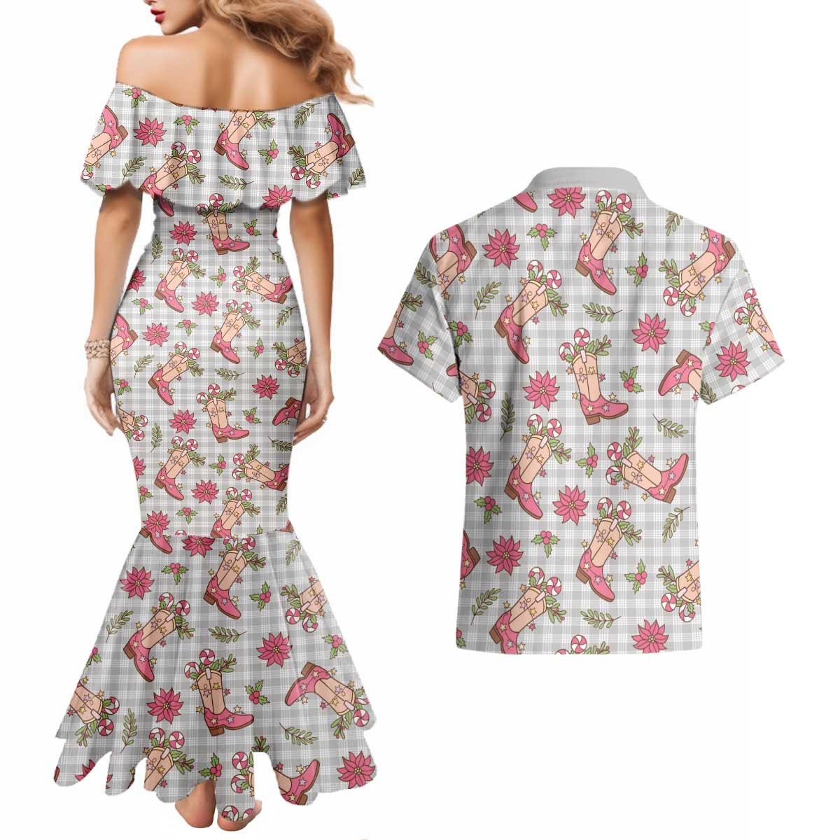 Gray Paniolo Palaka Hawaiian Cowgirl Christmas Couples Matching Mermaid Dress and Hawaiian Shirt - Polynesian Pride