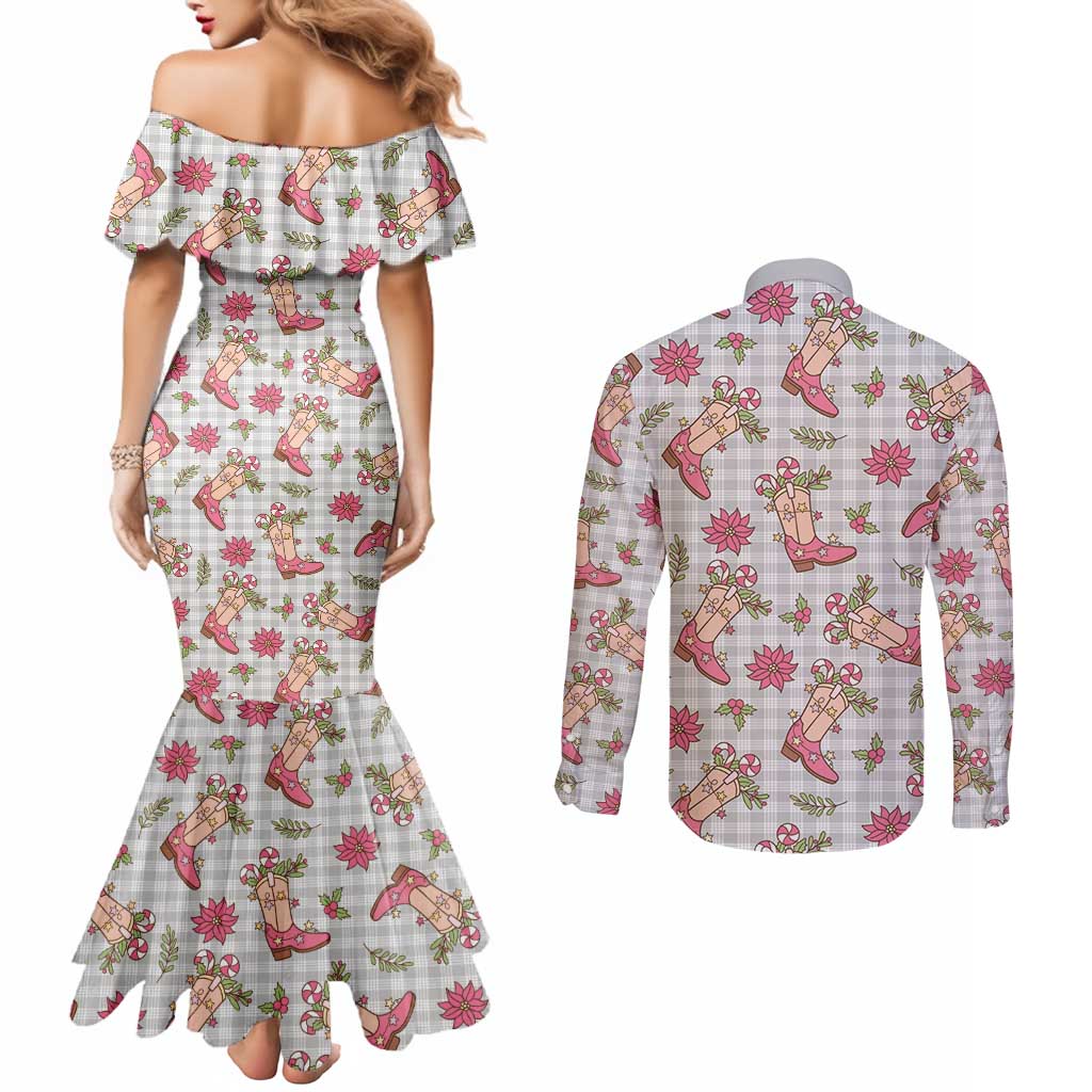 Gray Paniolo Palaka Hawaiian Cowgirl Christmas Couples Matching Mermaid Dress and Long Sleeve Button Shirt - Polynesian Pride