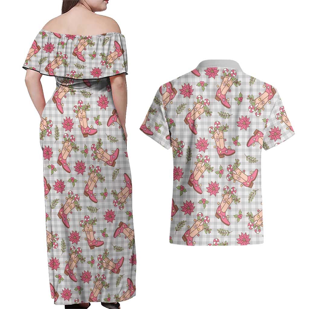 Gray Paniolo Palaka Hawaiian Cowgirl Christmas Couples Matching Off Shoulder Maxi Dress and Hawaiian Shirt - Polynesian Pride