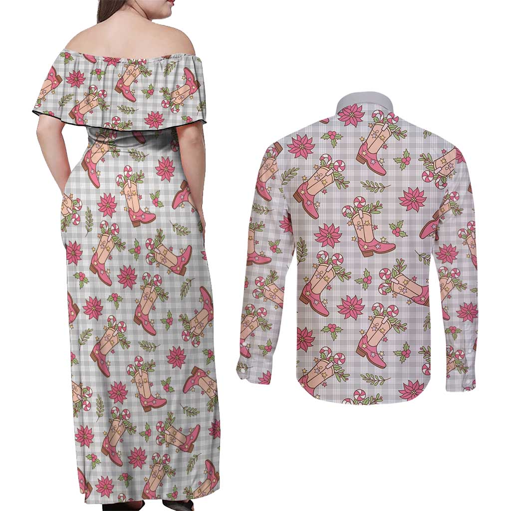 Gray Paniolo Palaka Hawaiian Cowgirl Christmas Couples Matching Off Shoulder Maxi Dress and Long Sleeve Button Shirt - Polynesian Pride