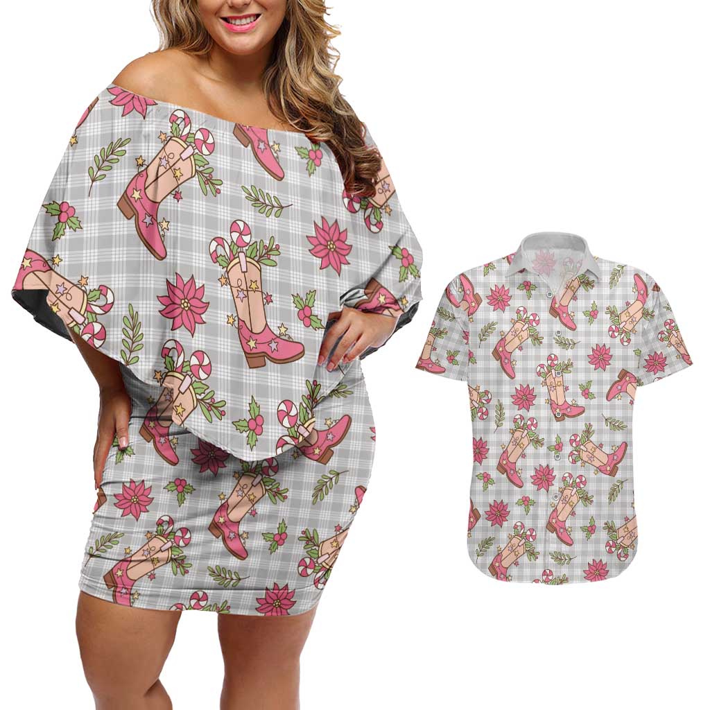 Gray Paniolo Palaka Hawaiian Cowgirl Christmas Couples Matching Off Shoulder Short Dress and Hawaiian Shirt LT9 Gray - Polynesian Pride