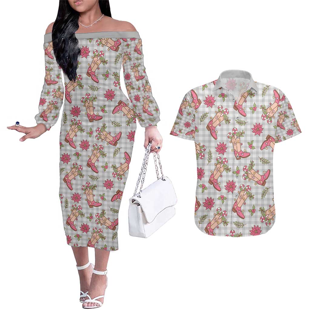 Gray Paniolo Palaka Hawaiian Cowgirl Christmas Couples Matching Off The Shoulder Long Sleeve Dress and Hawaiian Shirt - Polynesian Pride