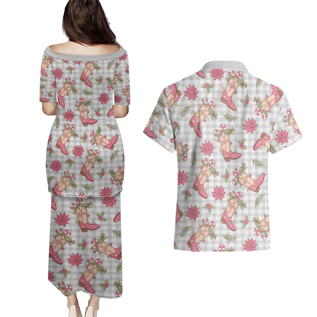 Gray Paniolo Palaka Hawaiian Cowgirl Christmas Couples Matching Puletasi and Hawaiian Shirt - Polynesian Pride