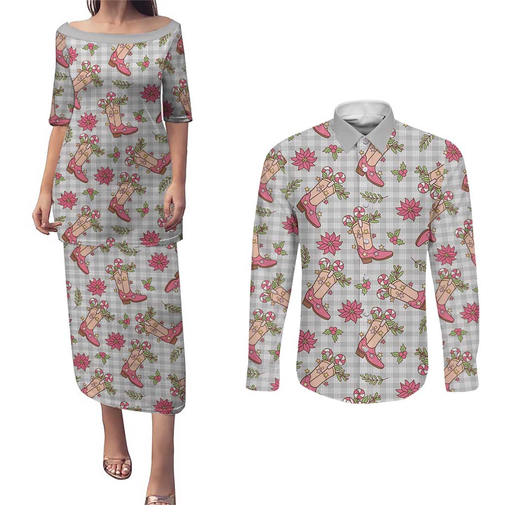 Gray Paniolo Palaka Hawaiian Cowgirl Christmas Couples Matching Puletasi and Long Sleeve Button Shirt - Polynesian Pride