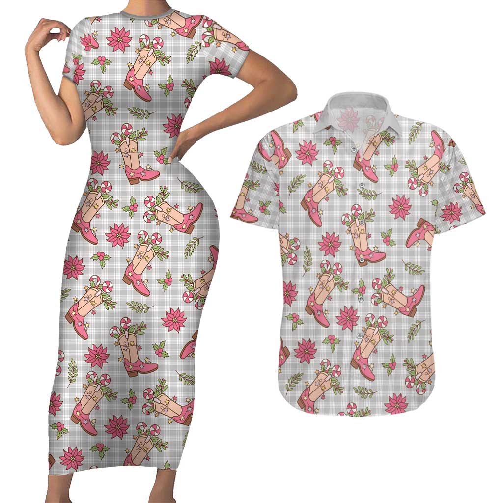 Gray Paniolo Palaka Hawaiian Cowgirl Christmas Couples Matching Short Sleeve Bodycon Dress and Hawaiian Shirt - Polynesian Pride
