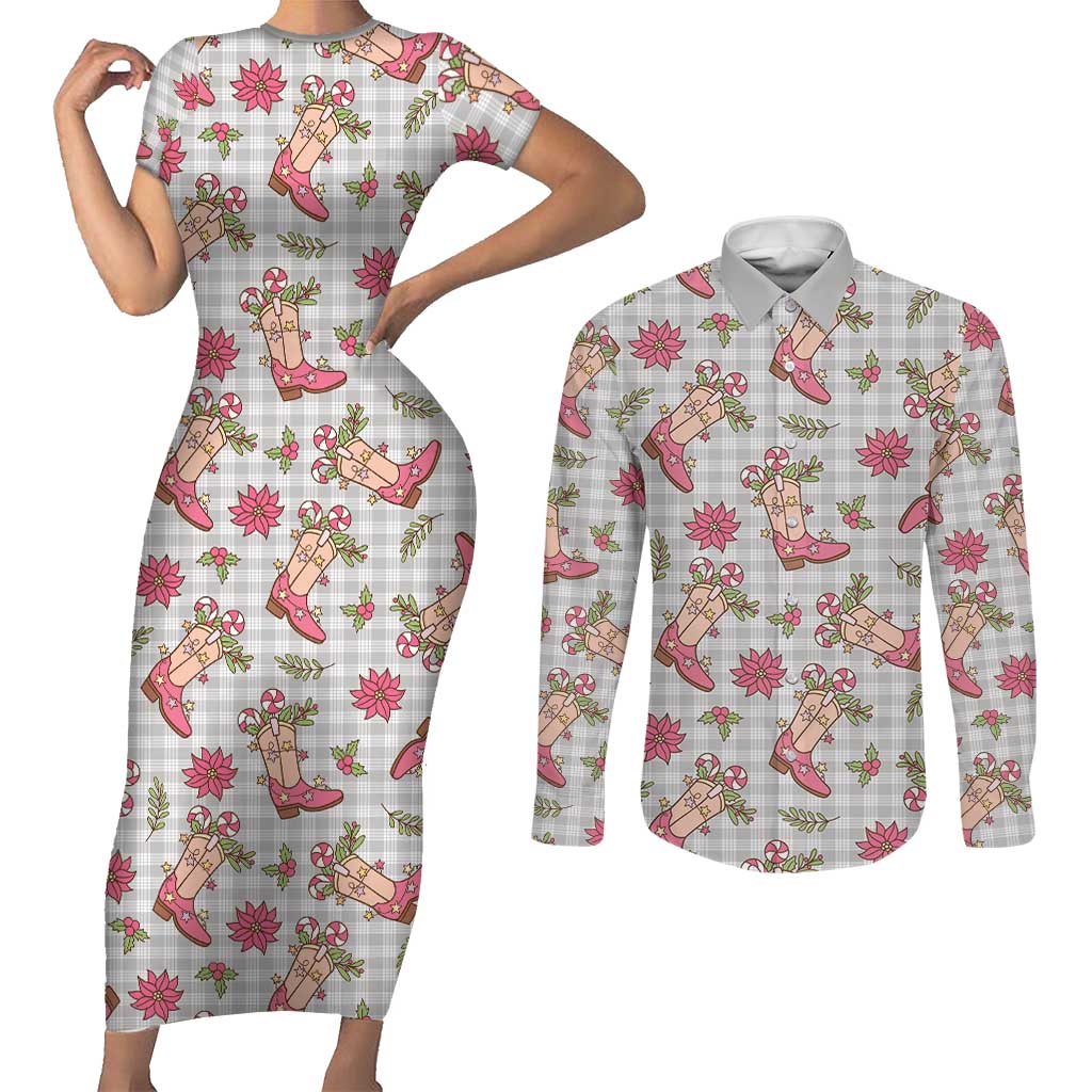 Gray Paniolo Palaka Hawaiian Cowgirl Christmas Couples Matching Short Sleeve Bodycon Dress and Long Sleeve Button Shirt LT9 Gray - Polynesian Pride