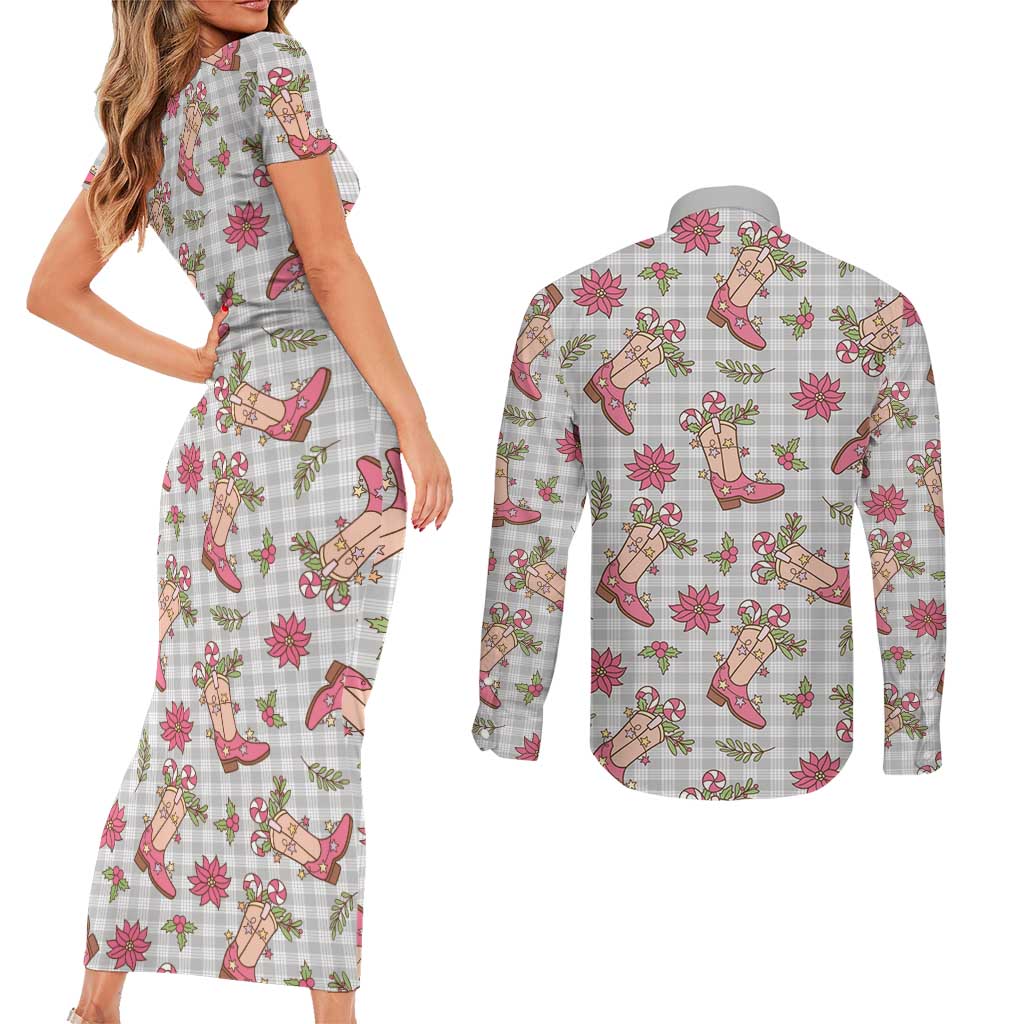 Gray Paniolo Palaka Hawaiian Cowgirl Christmas Couples Matching Short Sleeve Bodycon Dress and Long Sleeve Button Shirt LT9 - Polynesian Pride