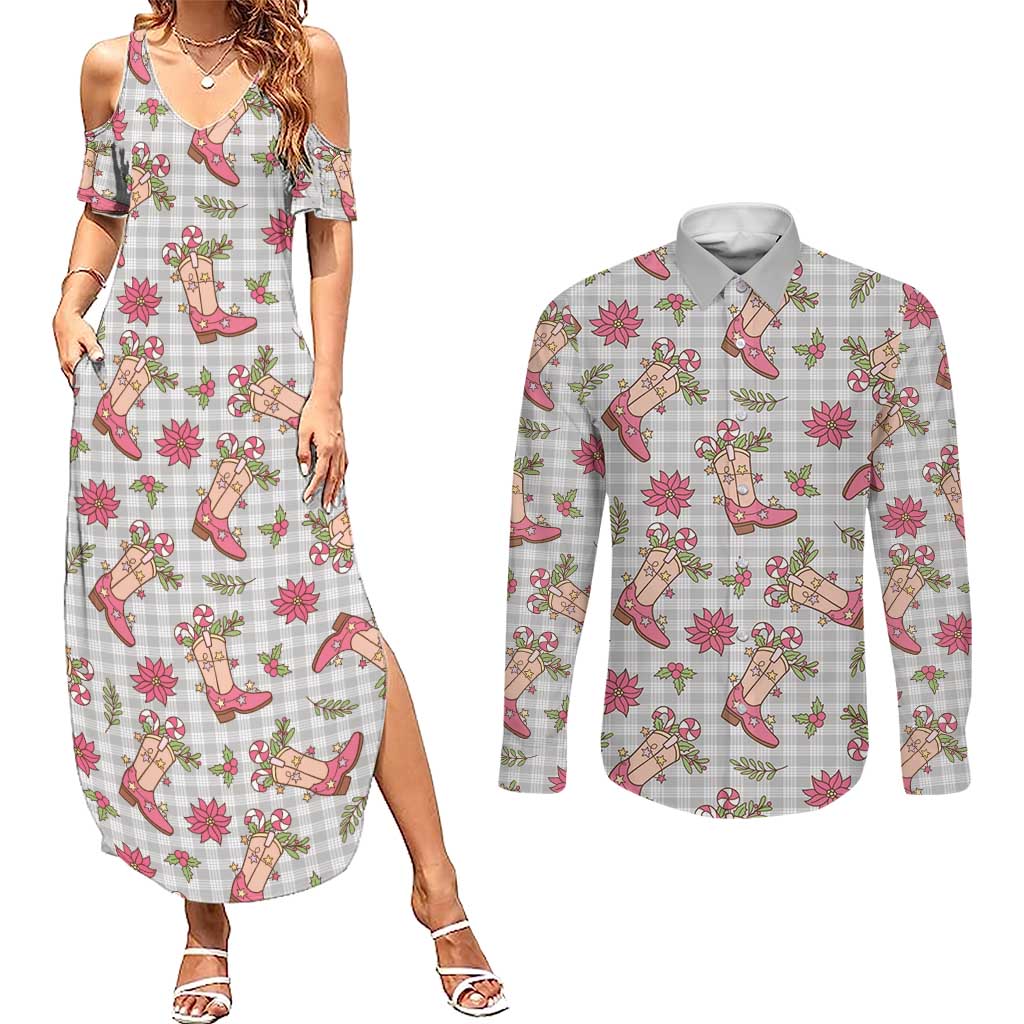 Gray Paniolo Palaka Hawaiian Cowgirl Christmas Couples Matching Summer Maxi Dress and Long Sleeve Button Shirt - Polynesian Pride