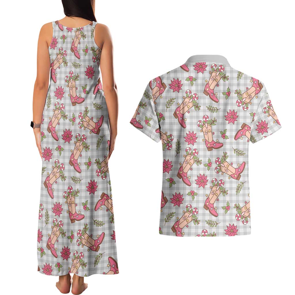 Gray Paniolo Palaka Hawaiian Cowgirl Christmas Couples Matching Tank Maxi Dress and Hawaiian Shirt - Polynesian Pride