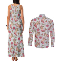 Gray Paniolo Palaka Hawaiian Cowgirl Christmas Couples Matching Tank Maxi Dress and Long Sleeve Button Shirt - Polynesian Pride