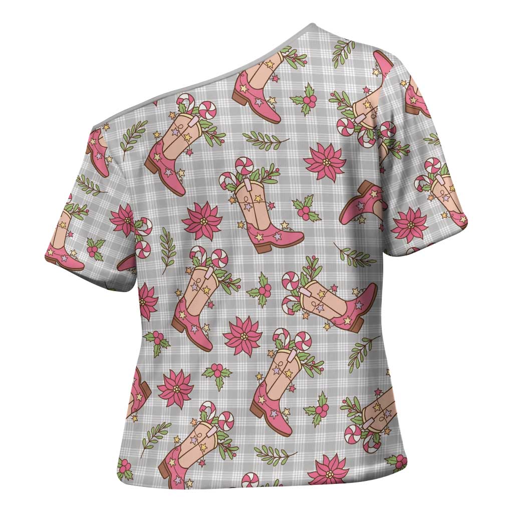 Gray Paniolo Palaka Hawaiian Cowgirl Christmas Cross Shoulder Shirt - Polynesian Pride