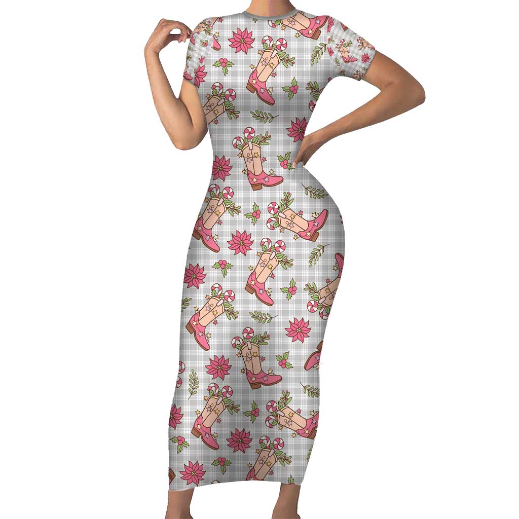 Gray Paniolo Palaka Hawaiian Cowgirl Christmas Family Matching Short Sleeve Bodycon Dress and Hawaiian Shirt - Polynesian Pride