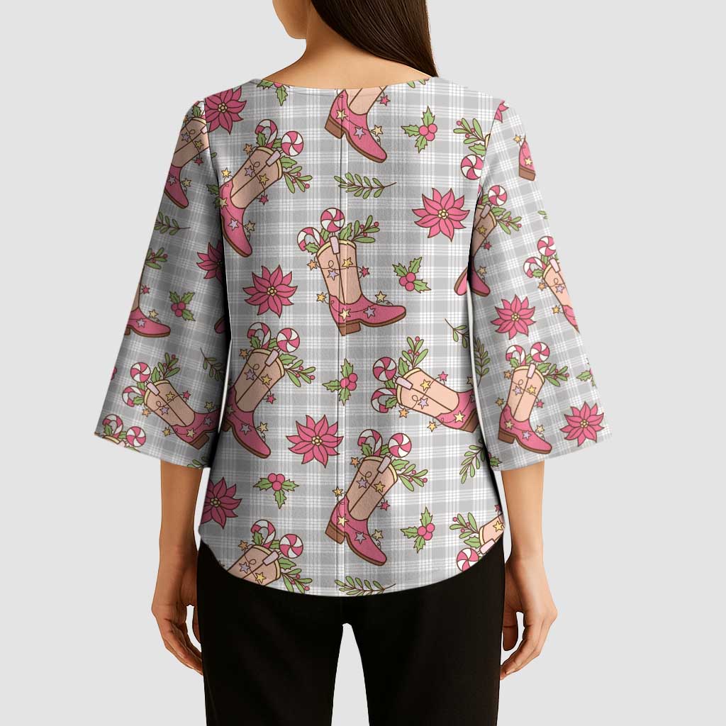 Gray Paniolo Palaka Hawaiian Cowgirl Christmas Kimono Sleeve Blouse LT9 - Polynesian Pride