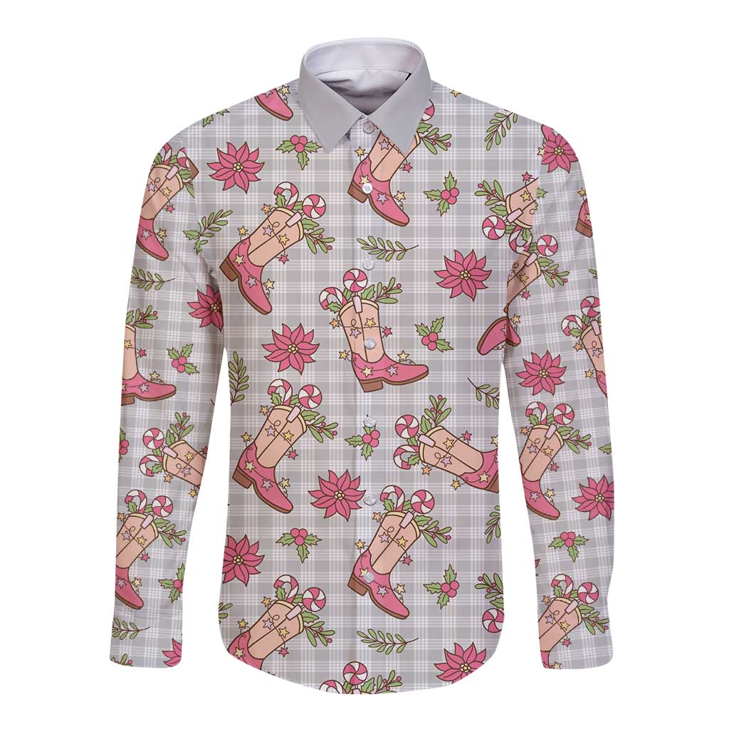 Gray Paniolo Palaka Hawaiian Cowgirl Christmas Long Sleeve Button Shirt - Polynesian Pride