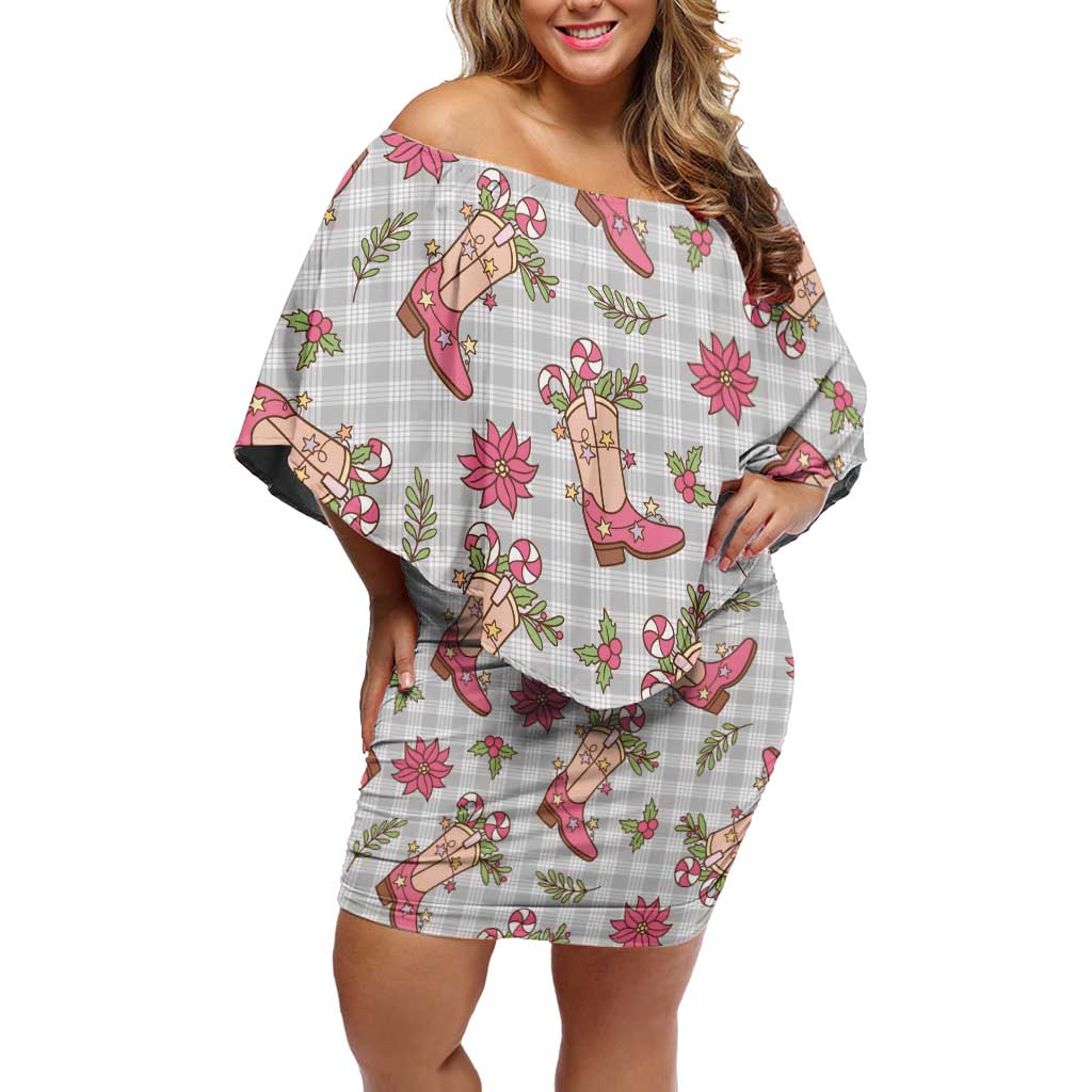 Gray Paniolo Palaka Hawaiian Cowgirl Christmas Off Shoulder Short Dress - Polynesian Pride