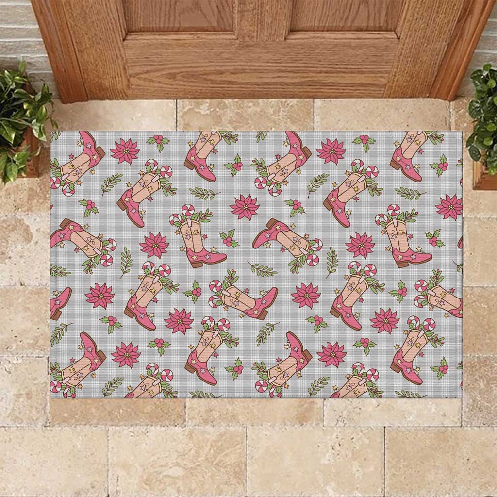 Gray Paniolo Palaka Hawaiian Cowgirl Christmas Rubber Doormat - Polynesian Pride