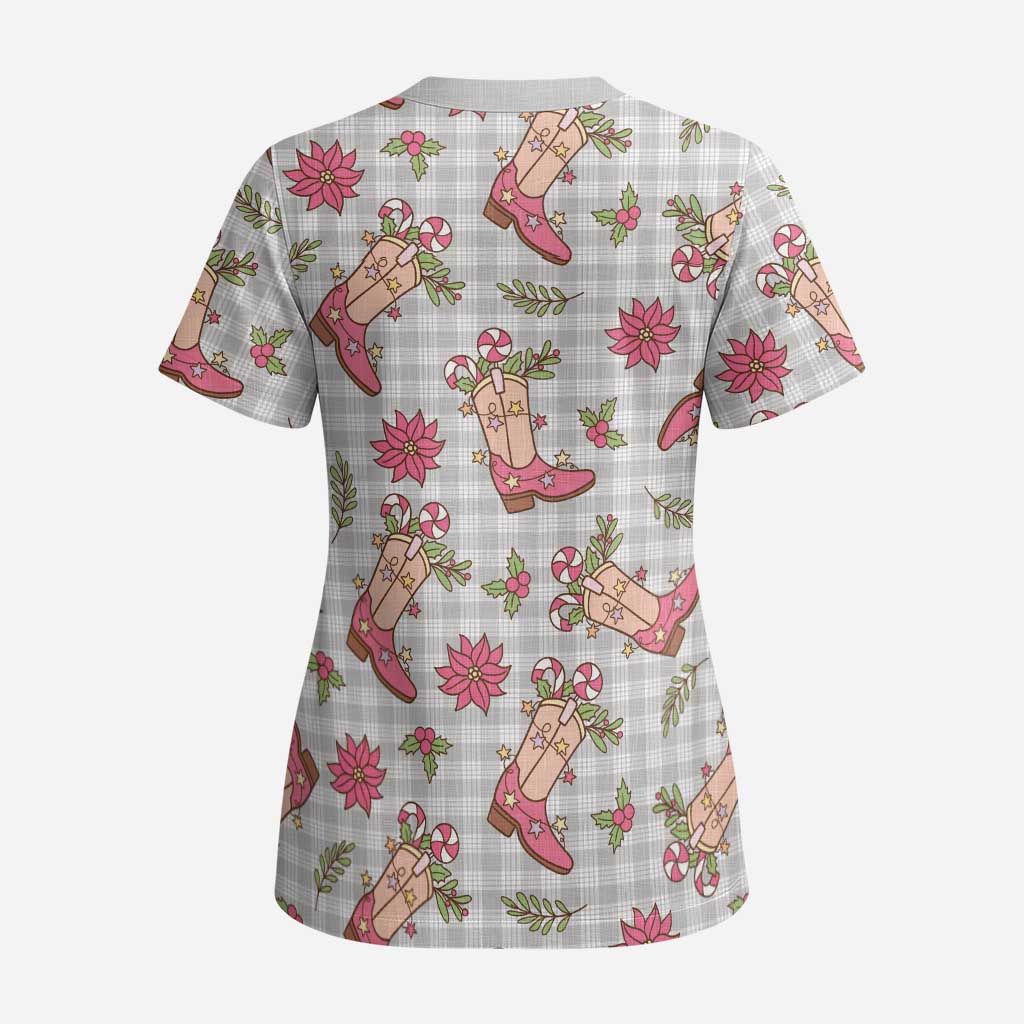 Gray Paniolo Palaka Hawaiian Cowgirl Christmas Scrub Top LT9 - Polynesian Pride