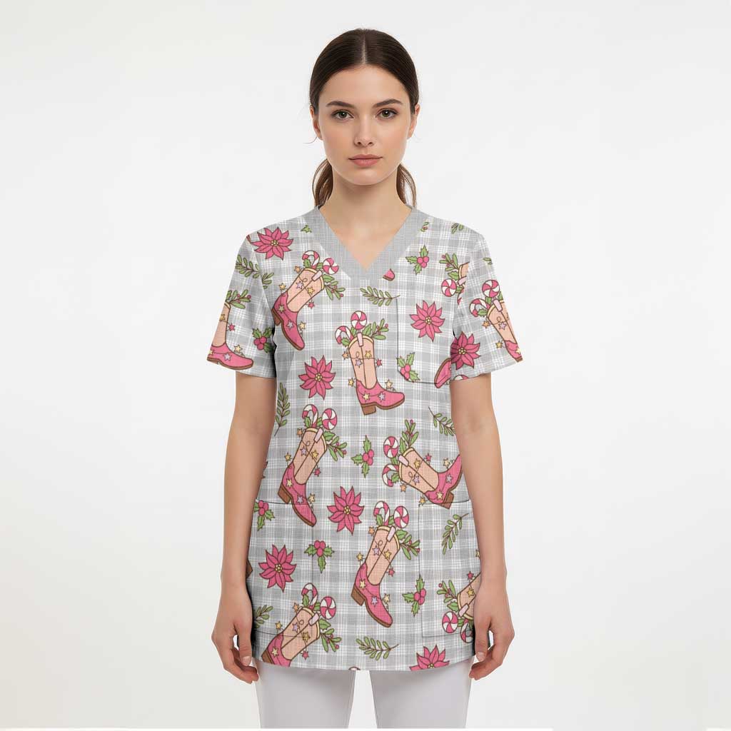 Gray Paniolo Palaka Hawaiian Cowgirl Christmas Scrub Top LT9 - Polynesian Pride