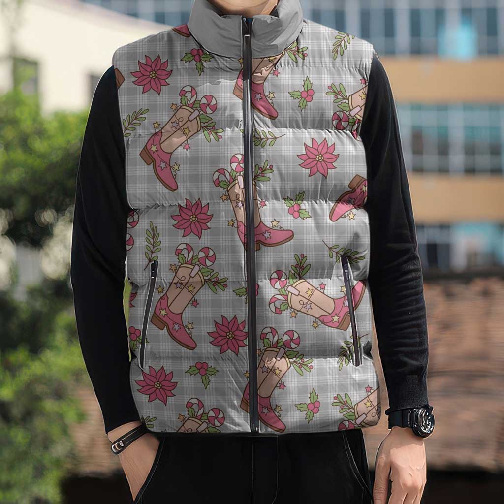 Gray Paniolo Palaka Hawaiian Cowgirl Christmas Sleeveless Puffer Jacket - Polynesian Pride