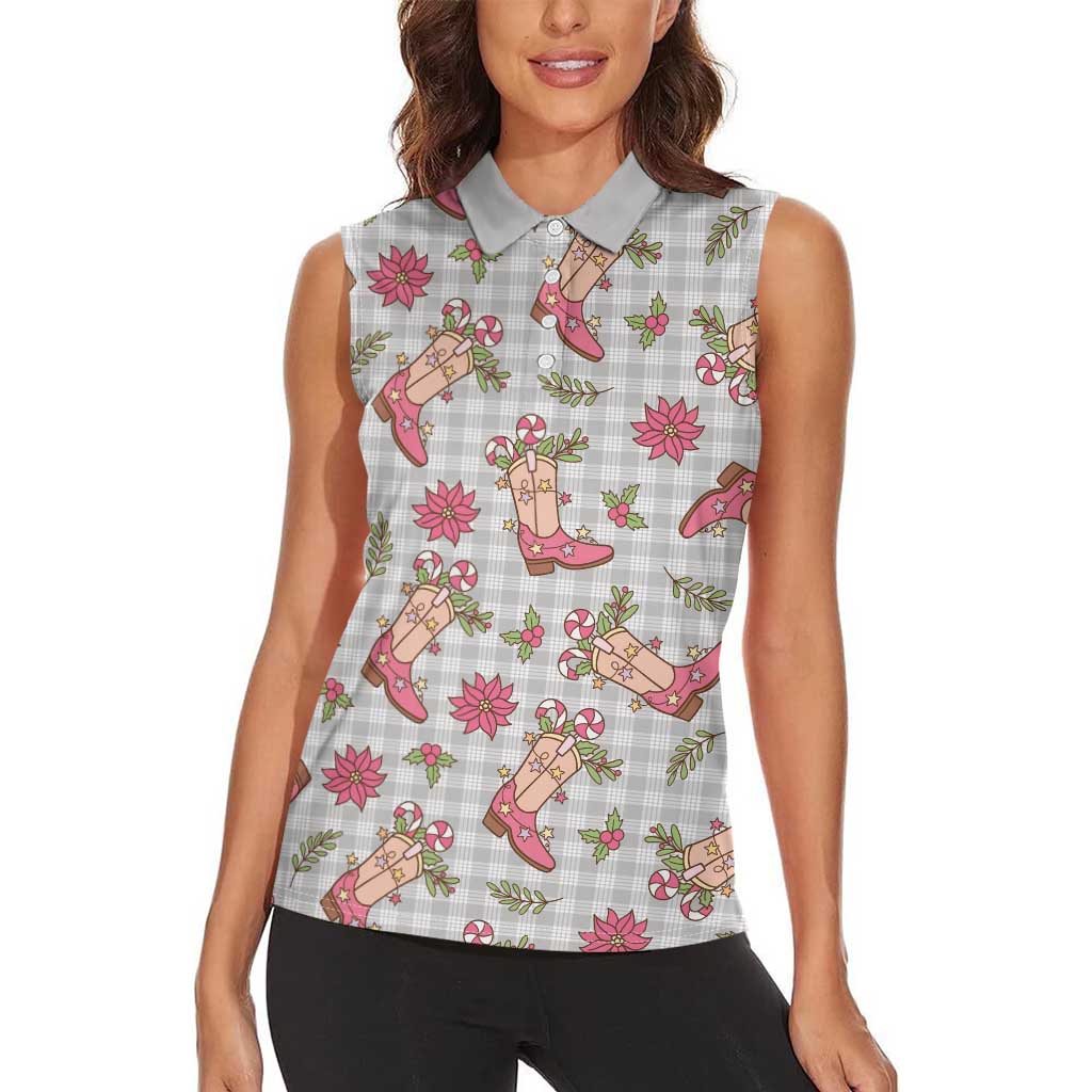 Gray Paniolo Palaka Hawaiian Cowgirl Christmas Women Sleeveless Polo Shirt - Polynesian Pride