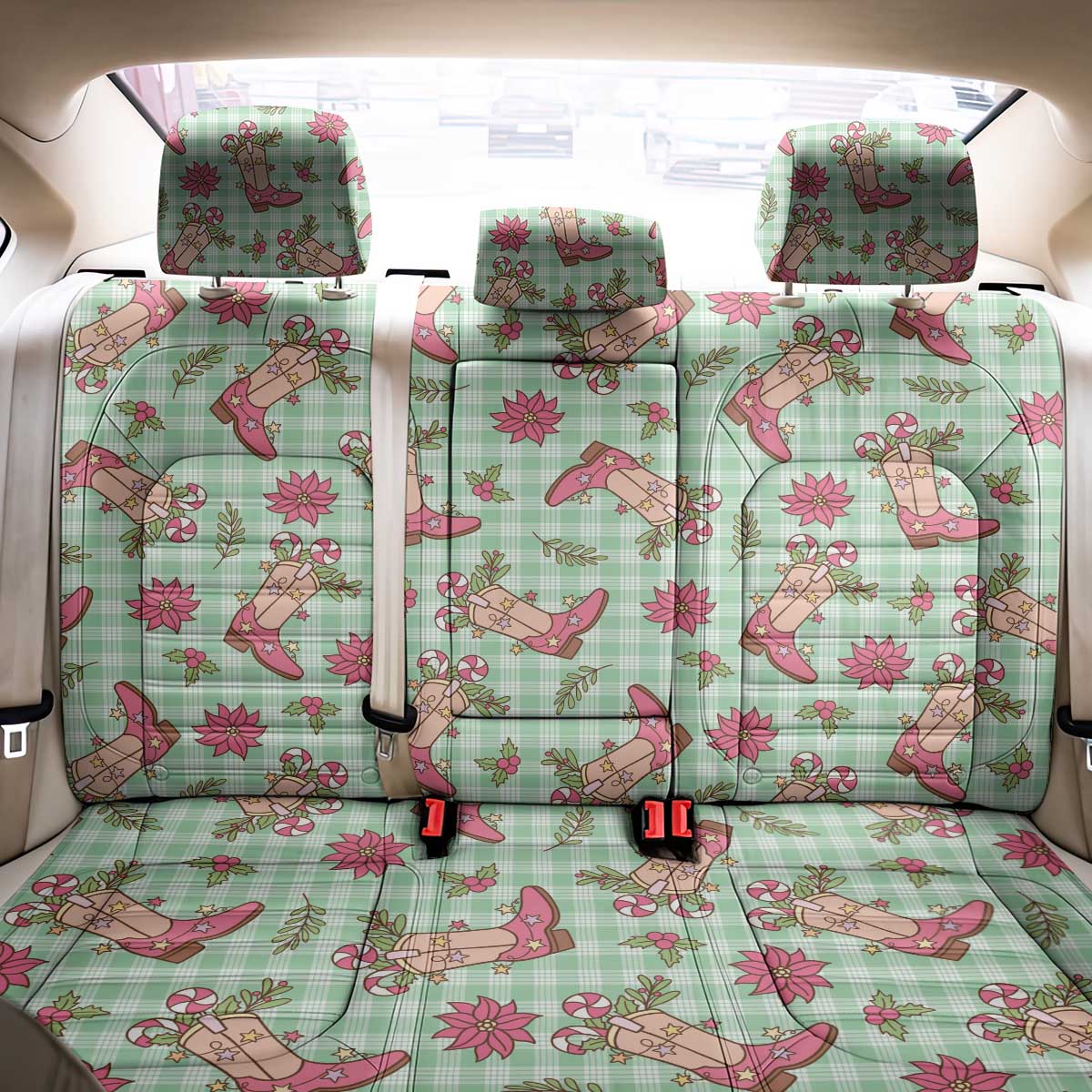 Green Paniolo Palaka Hawaiian Cowgirl Christmas Back Car Seat Cover - Polynesian Pride