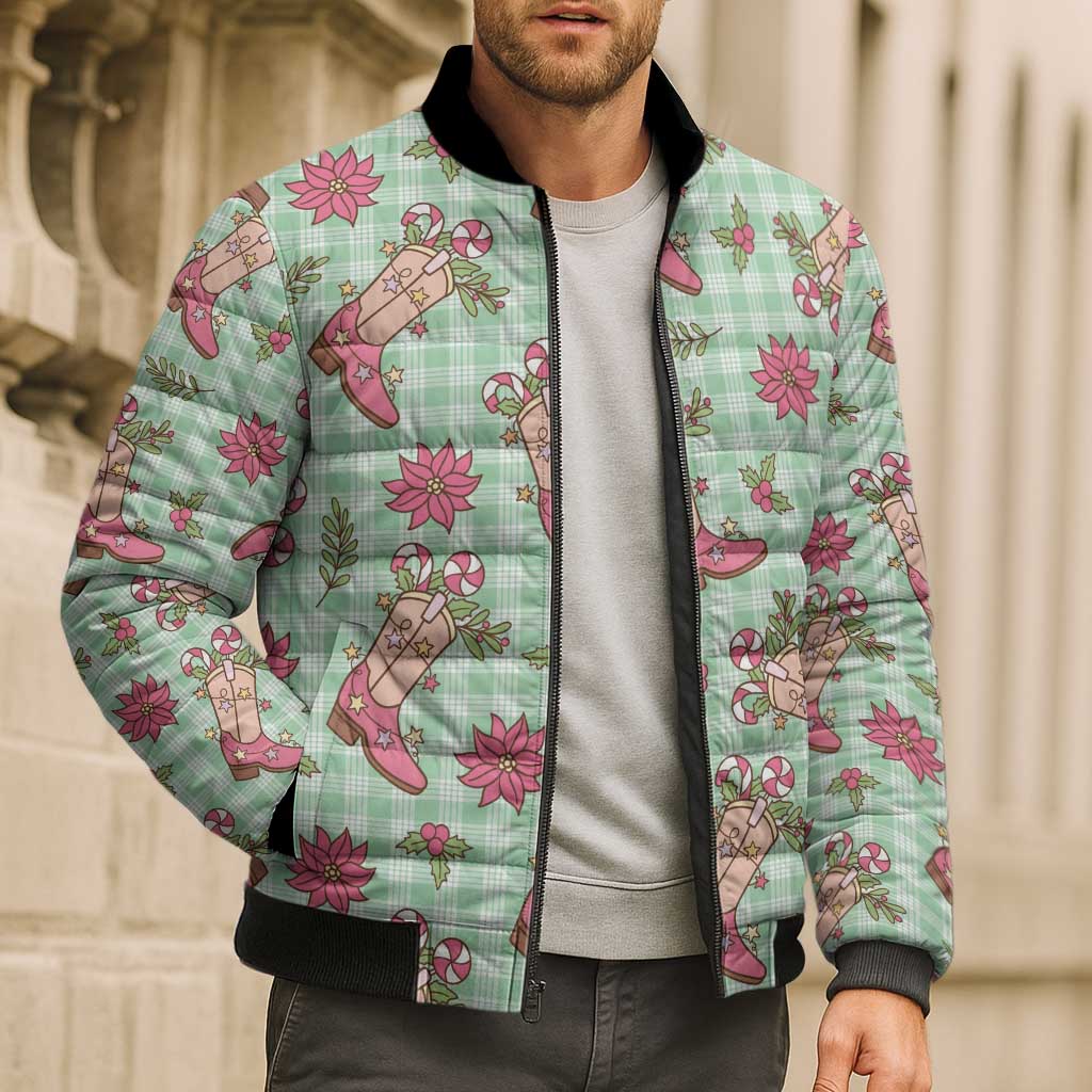 Green Paniolo Palaka Hawaiian Cowgirl Christmas Bomber Puffer Jacket - Polynesian Pride