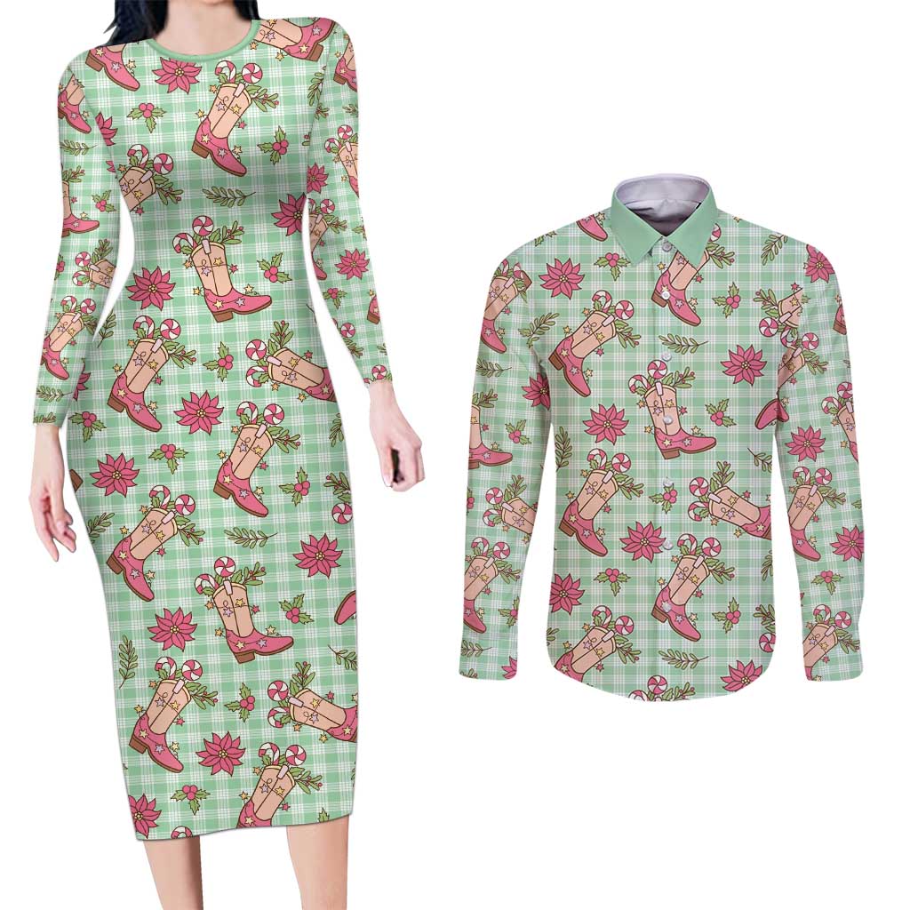 Green Paniolo Palaka Hawaiian Cowgirl Christmas Couples Matching Long Sleeve Bodycon Dress and Long Sleeve Button Shirt - Polynesian Pride